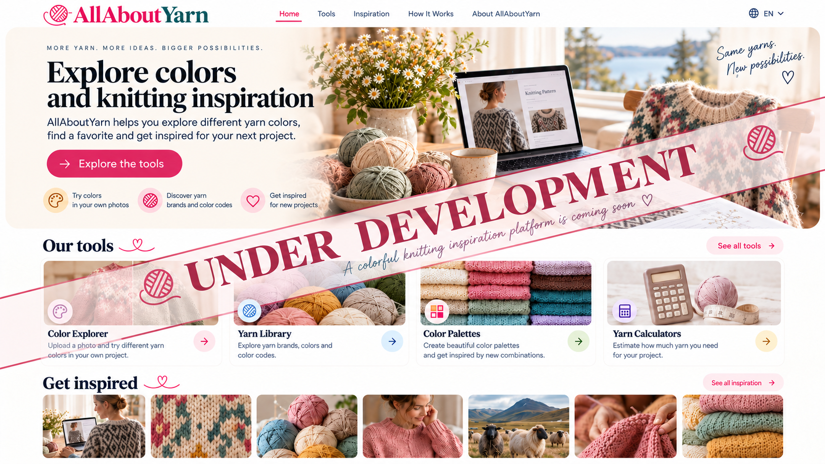 AllAboutYarn — Under Development. A colorful knitting and yarn inspiration platform is coming soon.
